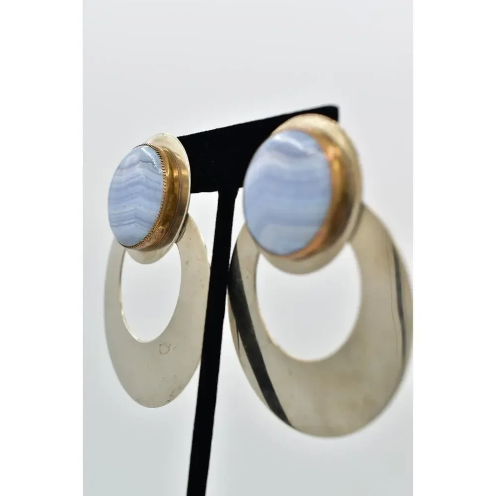 Dizan Diane Blother Vintage Clip On Earrings Blue Lace Agate Chunky Signed BinBK